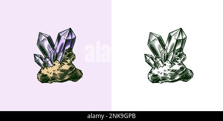 Magischer Stein oder Kristall oder festes Material. Raubwald Wilder Vogel. Skizze mit Vintage-Gravur. Doodle-Übersicht. Handzeichnung. Stock Vektor