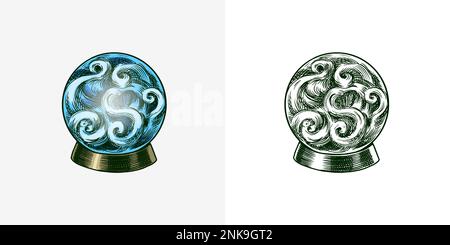 Bohemian esoteric magische Kugel Skizze. Vintage Gravur mystisches okkultes Element im Boho-Stil. Doodle-Übersicht. Handzeichnung. Vektorgrafik. Stock Vektor