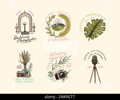 Abzeichen oder Logos von Hochzeitsfotografen. Fotokamera für den Urlaub. Fotografie-Community. Vorlagen für Retro Studio, Vintage Store oder Shop. Hand Stock Vektor