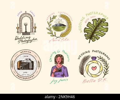 Abzeichen oder Logos von Hochzeitsfotografen. Fotokamera für den Urlaub. Fotografie-Community. Vorlagen für Retro Studio, Vintage Store oder Shop. Hand Stock Vektor