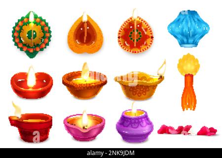 Realistische Diwali-Symbole mit traditionellen Lampen und anderen Symbolen isolierte Vektordarstellung Stock Vektor