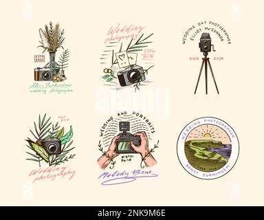 Abzeichen oder Logos von Hochzeitsfotografen. Fotokamera für den Urlaub. Fotografie-Community. Vorlagen für Retro Studio, Vintage Store oder Shop. Hand Stock Vektor