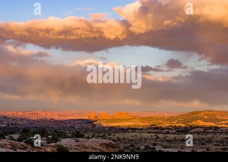 Der Sommermonsunwolken über Arths Weide und Arches National Park, links im Hintergrund, in der Nähe von Moab, Utah, aus der Nähe der Navajo Rocks Gegend. Stockfoto