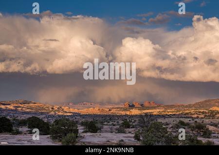 Der Sommermonsunwolken über Arths Weide und Arches National Park, links im Hintergrund, in der Nähe von Moab, Utah, aus der Nähe der Navajo Rocks Gegend. Stockfoto