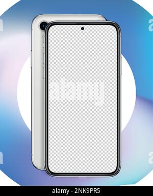 Minimalistisches Smartphone-Modell für Vektorpräsentation, Anwendungsanzeige, Infografiken, ux-ui-Grafiken. Smartphone mit Vorder- und Rückansicht im Verlaufskreis. Stock Vektor