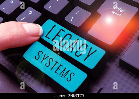 Schild mit älteren Systemen. Geschäftsansatz Computersystem oder Anwendungsprogramm mit alter Methodentechnologie Stockfoto