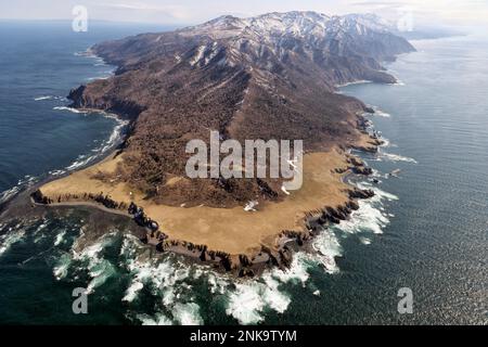 An aerial photo shows Cape Shiretoko at Shiretoko Peninsula in Shari ...