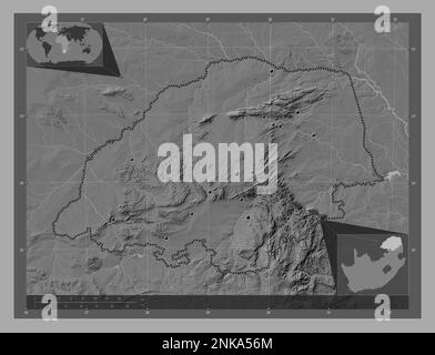 Limpopo, Provinz Südafrika. Bilevel-Höhenkarte mit Seen und Flüssen. Standorte der wichtigsten Städte der Region. Lageplan für Corner Auxiliary Stockfoto