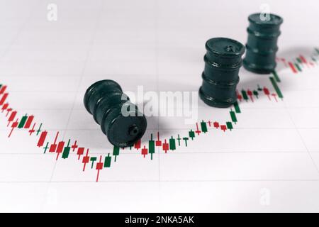 Miniaturfässer und Schaubilder von Bestandsschwankungen. Selektiver Fokus. Das Konzept des Anstiegs und Abfalls des Wertes von Erdölprodukten und Unternehmensanteilen. Stockfoto