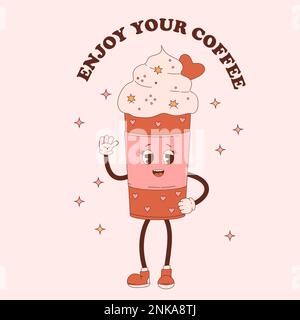 Süßer Kaffee in der Liebe. Retro-Kaffee in Pappbecher mit Sahne. Vektordarstellung. Cooles lustiges Maskottchen im nostalgischen Stil der Vintage 70s Stock Vektor