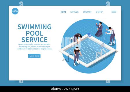 Schwimmbad-Wartungsservice isometrische Website-Landing-Page mit runden anklickbaren Links und Textvektordarstellung Stock Vektor