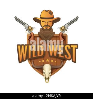 Wildwest-Cartoon-Emblem mit menschlicher Kopfpistole mit Tierschädel und editierbarer Textvektordarstellung Stock Vektor