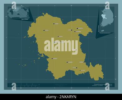Chungcheongnam-do, Provinz Südkorea. Durchgehende Farbform. Standorte und Namen der wichtigsten Städte der Region. Eckkarten für zusätzliche Standorte Stockfoto