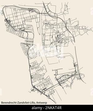 Detaillierte handgezeichnete Straßenkarte der Stadtstraßen des BEZIRKS BERENDRECHT-ZANDVLIET-LILLO, ANTWERPEN, Belgien, mit lebhaften Straßenlinien und dem Namen ta Stock Vektor