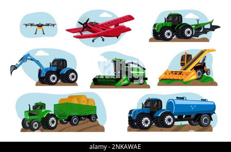 Landmaschinen transportieren isolierte, flache Fahrzeuge mit Traktoren, Baggern und Mähdreschern mit Flugzeugen, Vektordarstellung Stock Vektor