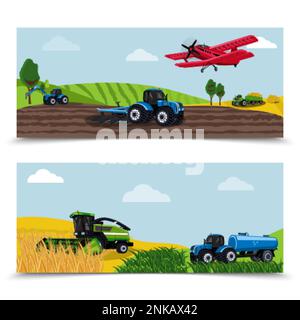Landwirtschaftliche Maschinen transportieren flache Sätze von zwei horizontalen Kompositionen mit Landschaftsansichten im Außenbereich, die Vektorbilder der Feldarbeit darstellen Stock Vektor