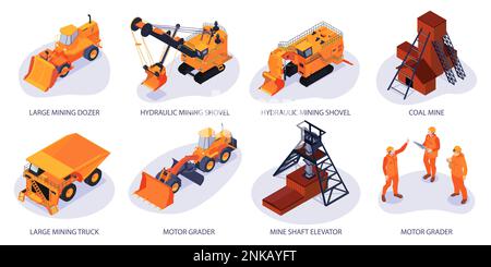 Isometrischer Bergbau-Satz isolierter Kompositionen mit orangefarbenen Maschinenfahrzeugen Kohlebergbau-Aufzüge und Bergleute-Vektordarstellung Stock Vektor