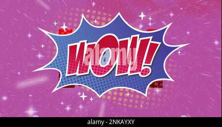 Bild von Wow! Text über einer Comic-Sprechblase mit leuchtenden Sternen auf lila Hintergrund Stockfoto