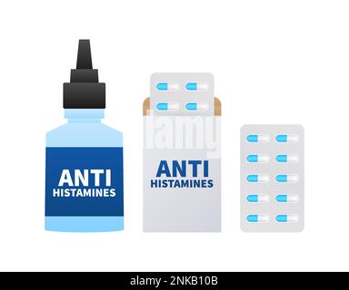 Antihistaminika-Tabletten, -Pillen und -Tropfen. Antiallergiemedizin. Darstellung des Vektormaterials. Stock Vektor