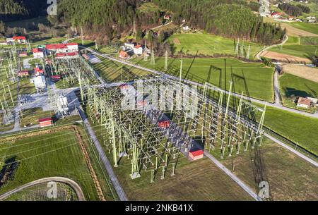 Elektrotrafo-Unterstation Luftaufnahme Stockfoto