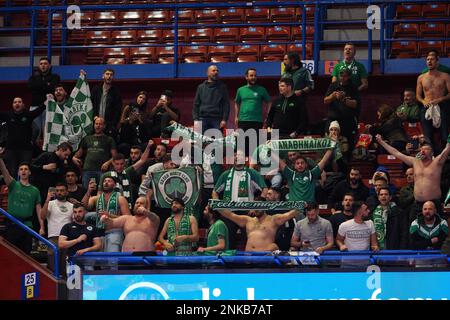 Mailand, Italien. 23. Februar 2023. Unterstützer von Panathinaikos Athen während EA7 Emporio Armani Milano vs Panathinaikos OPAP, Basketball Euroleague Championship in Mailand, Italien, Februar 23 2023 Kredit: Independent Photo Agency/Alamy Live News Stockfoto