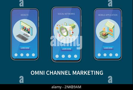 Isometrischer Satz für Omni-Channel-Marketing mit Vorlagen für mobile Apps für Werbeaktionen isolierte Vektordarstellung Stock Vektor
