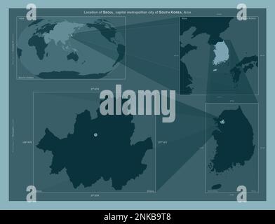 Seoul, Hauptstadt Südkoreas. Diagramm, das die Position der Region auf Karten mit größerem Maßstab zeigt. Zusammensetzung von Vektorrahmen und PNG Stockfoto