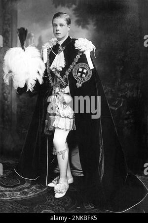 Der Prinz von England EDWARD of York ( nach dem Prinzen und Herzog von Galles und nach der Abdankung von Miss Wallis Simpson : Herzog von WINDSOR ) ( 1894 - 1972 ) , von 1936 König EDWARD VIII . Auf diesem Foto ist gekleidet wie der alte König George von England im Gewand des Garters - KÖNIGLICHES HAUS - KÖNIGLICHE HOHEIT - REALI - nobiltà - Adelsgeschenk - Personalità da Bambini piccoli - Persönlichkeit kleines Kind - Junge - schickes Kleid - Vestito di carnevale - Travestimento - principe ereditario - gioielli - gioiello - Juwelen - pizzo - Spitze - ORDINE DELLA GIARRETTIERA - Velluto - Samt - mantello - Mantel - Calzam Stockfoto