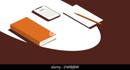 Buch und Telefon auf dem Tisch. Neben einem Blatt und einem Bleistift. Das Konzept des Lernens oder Lesens Stock Vektor