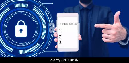 Fehlerbehebung bei handschriftlichem Text. Begriff, der eine Untersuchung oder Behandlung der Probleme bedeutet Stockfoto