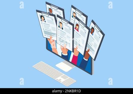Isometrisches Einstellungs- und Rekrutierungskonzept für Webseite, Banner, Präsentation. Die Hände verschiedener Menschen heben an und halten einen Lebenslauf oder Lebenslauf ab, um eine Kandidatur bei anzubieten Stock Vektor