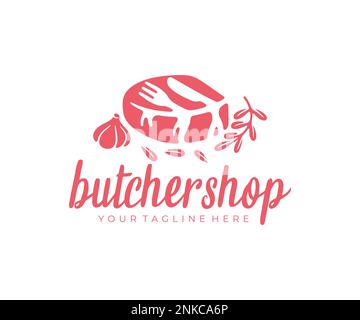 Steak, Gabel, Messer, Rosmarin und Knoblauch, Logo-Design. Essen, Essen, Fleisch, Schweinefleisch, Rindfleisch, steakhouse und Metzgerei, Vektordesign und Illustration Stock Vektor