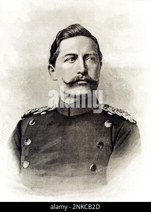 1888 : Ein seltenes Porträt mit Gravur des deutschen Kaisers und des Königs KAISER von Preußen WILHELM II ( Guglielmo II ) HOHENZOLLERN ( Berlin 1859 - Doorn , Utrecht 1941 ) - Imperatore - Militäruniform - Imperatore - Germanien - Preußen - colletto - Halsband - Baffi - Schnurrbart - REALI - KÖNIGSFAMILIE - nobiltà - Adel - Incisione - Rituto - Porträt - stampa --- Archivio GBB Stockfoto