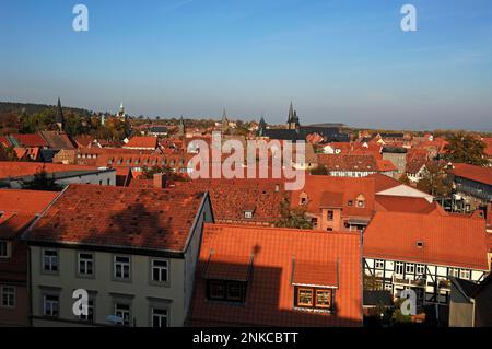 Blick auf die Altstadt von Quedlinburg vom Schlossgarten, Sachsen-Anhalt, Deutschland Stockfoto