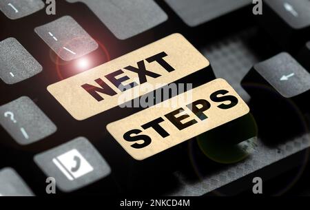 Text mit Inspiration Nächste Schritte. Geschäftsüberblick Anzahl der Prozesse, die nach der aktuellen Planung erstellt werden Stockfoto
