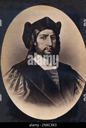 Der italienische gefeierte Entdecker und Navigator CRISTOFORO COLOMBO ( Genua 1451 - Valladolid , Spanien 1506 ) , beliebter Gravurdruck des XIX. Jahrhunderts - Christopher Columbus - ESPLORATORE - NAVIGATORE - barba - Bart - cappello - Hut ---- Archivio GBB Stockfoto