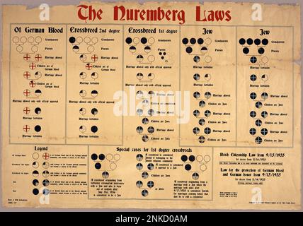 Schaubild zur Beschreibung der Nürnberger Gesetze vom 15. September 1935 und der entsprechenden Verordnung vom 14. November 1935. Mit den Nürnberger Gesetzen wurde eine Rechtsgrundlage für die Rassenidentifizierung geschaffen. Nur Leute mit vier nichtjüdischen deutschen Großeltern (vier weiße Kreise in der oberen Reihe links) waren von 'deutschem Blut'. Das Originaldiagramm in deutscher Sprache ist in Abbildung 2NKD0AB zu sehen Stockfoto