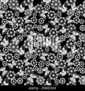 Nahtloses Muster mit Schmetterlingen und Schneeflocken in der Doodle-Technik Stock Vektor