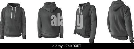 Realistischer Hoodie und Kapuzen-Sweatshirts in schwarzer Farbe, isolierte Vektordarstellung Stock Vektor