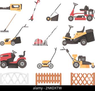 Zeichentricksymbole für Rasenmäher und Grasschneider stellen isolierte Vektordarstellungen dar Stock Vektor