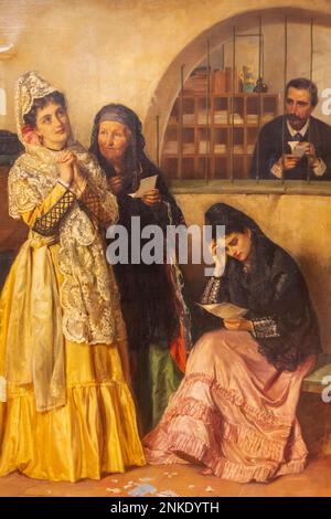 England, Dorset, Bournemouth, Russell Cotes Art Gallery and Museum, Painting of Two Women Opening Letters in einem portugiesischen Postamt mit dem Titel „Good News Stockfoto