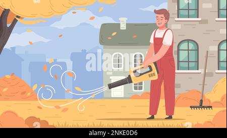 Hinterlässt ein Cartoon-Poster mit einem Mann, der die Vektordarstellung des elektrischen Gebläses verwendet Stock Vektor