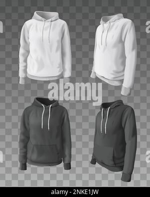 Realistische Kapuzenpullover und Kapuzenpullover in Weiß und Schwarz auf transparentem Hintergrund, isolierte Vektordarstellung Stock Vektor