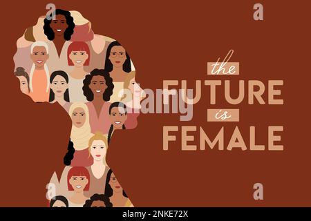 Weibliche Gesichtssilhouette im Profil mit Porträts multikultureller und multiethnischer weiblicher Gesichter im Inneren. Die Zukunft ist weiblich. Frauenförderung, Mädchen-Pow Stock Vektor