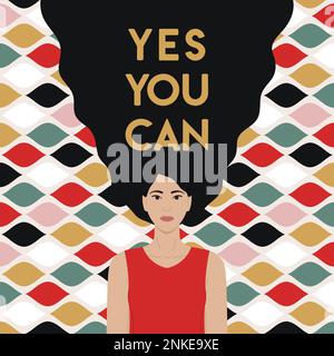 Ja, man kann asiatische Frauenhaare im Retro-Groovy-Stil beschriften. Rechte und Ermächtigung der Frau, Gleichheit, Feminismus und Schwesternschaft. Internationale Frauen Stock Vektor