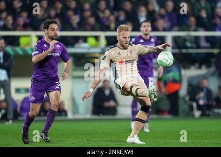 Florenz, Italien. 03. Dezember 2022. Stadio Artemio Franchi FLORENZ, ITALIEN - FEBRUAR 23: Während der UEFA Europa Conference League tritt am 23. Februar 2023 im Stadio Artemio Franchi in Florenz, Italien, eine zweite Runde des Spiels zwischen ACF Fiorentina und Sporting Braga auf. (Foto: Pedro Loureiro/SPP) (Pedro Loureiro/SPP) Guthaben: SPP Sport Press Photo. Alamy Live News Stockfoto