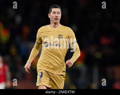 Manchester, England, 23. Februar 2023. Robert Lewandowski aus Barcelona während des Spiels der UEFA Europa League in Old Trafford, Manchester. Das Bild sollte lauten: Andrew Yates/Sportimage Stockfoto