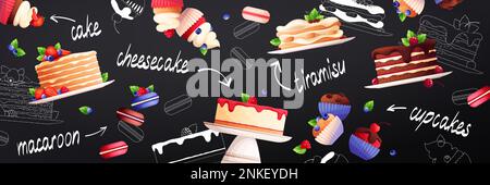 Desserts flaches, horizontales, nahtloses Banner mit Kuchen Makronen Cupcakes Tiramisu Käsekuchen auf schwarzem Hintergrund Vektordarstellung Stock Vektor