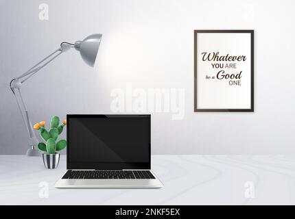Realistische Modellerstellung mit Laptop mit leerem Bildschirm auf grauem Schreibtisch mit Lampenkaktus und Poster an der Wand Vektordarstellung Stock Vektor