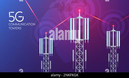 Kommunikationsmasten 5G Komposition mit Funkwellen Laser Hintergrund und Text mit Bildern von Mobilfunkmasten Vektordarstellung Stock Vektor